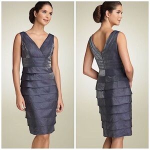 Adrianna Papell Blue Satin Shutter Pleat Tiered Layered Sheath Dress 4